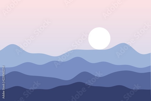 Flat hills landscape at pink and blue dawn, minimal vector style