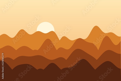 Flat mountain landscape at warm autumn sunset, minimal vector style