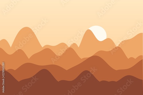 Flat mountain landscape at desert sunset, minimal vector style