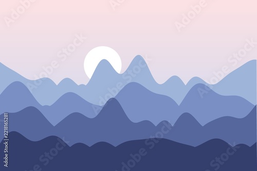 Flat mountain landscape at pink and blue dawn, minimal vector style