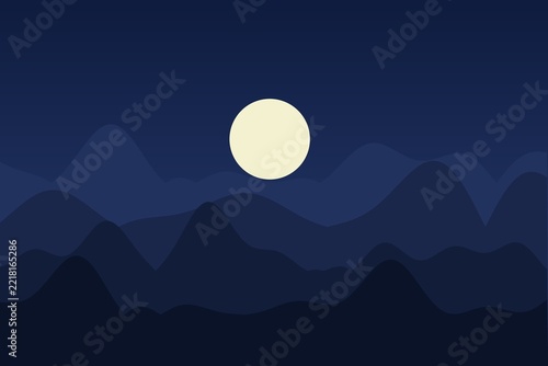 Flat mountain landscape at night with full moon, minimal vector style