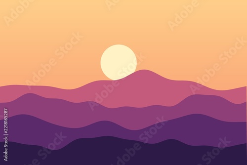 Flat hills landscape at orange and purple sunset, minimal vector style