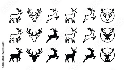Collection of reindeer icons showing various poses and head profiles in both outline and solid black silhouette styles on a white background