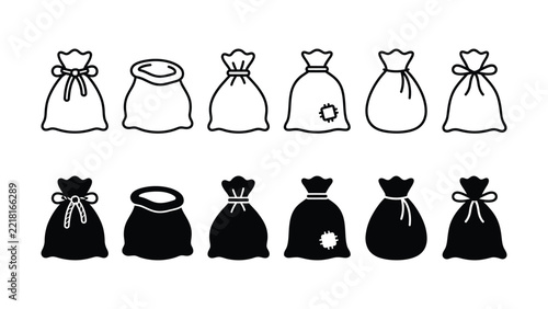 Collection of sack and bag icons in outline and solid black styles, depicting various shapes of gift bags for christmas or holiday themes