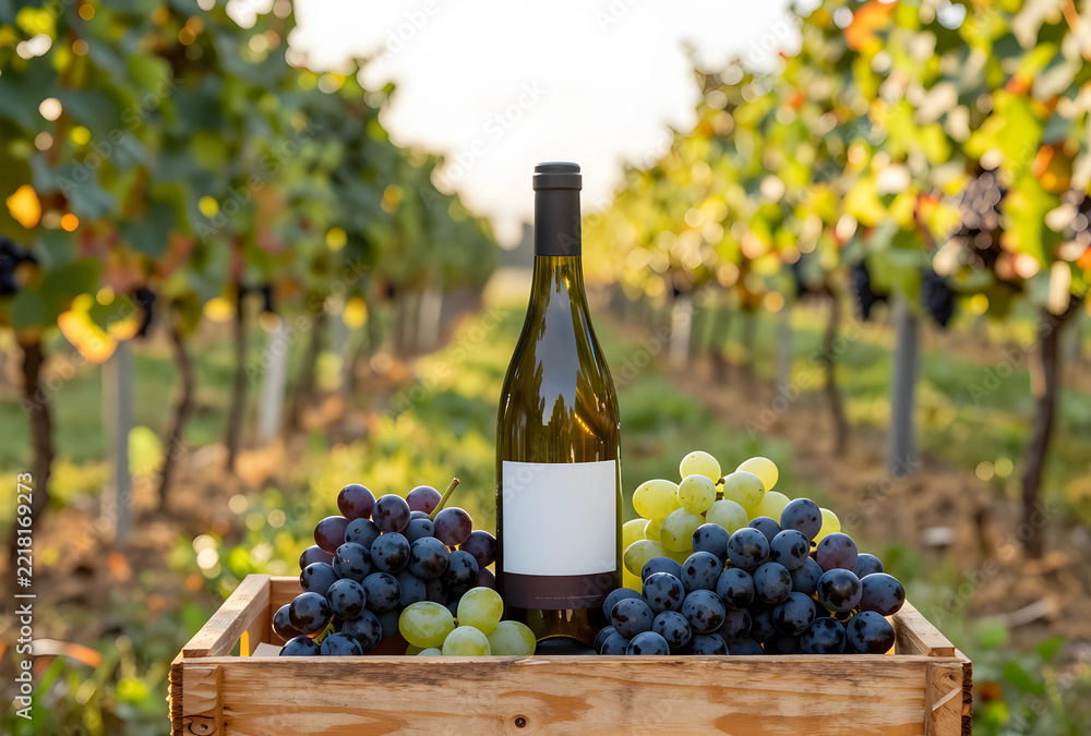 Naklejka premium Wine bottle with grapes in vineyard wooden crate at golden hour
