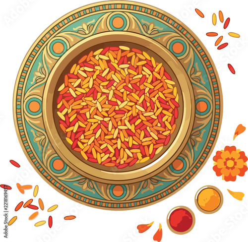 Ornate golden ritual bowl filled with vibrant multi colored rice grains for traditional Hindu ceremonies