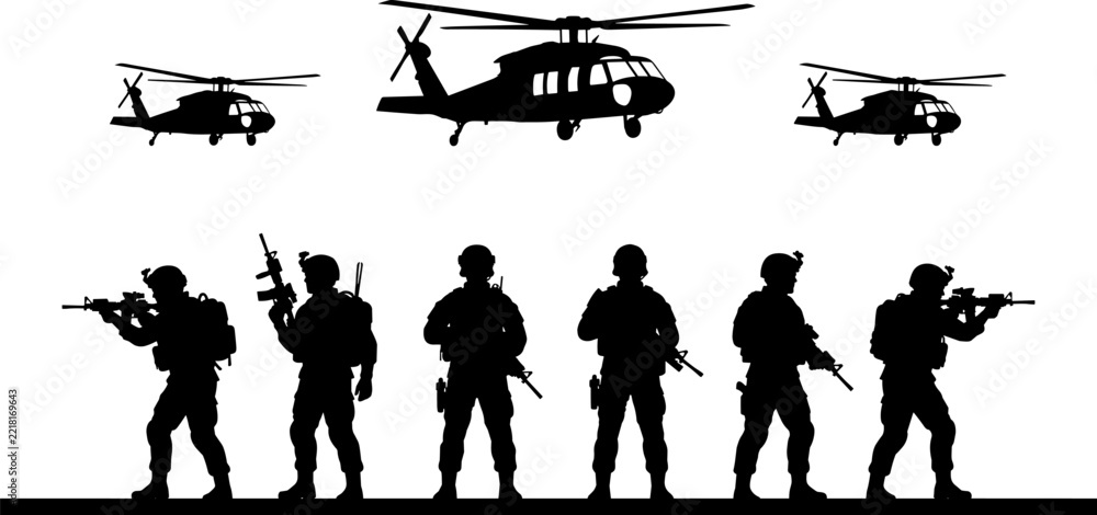 Fototapeta premium Military soldiers silhouettes with helicopters