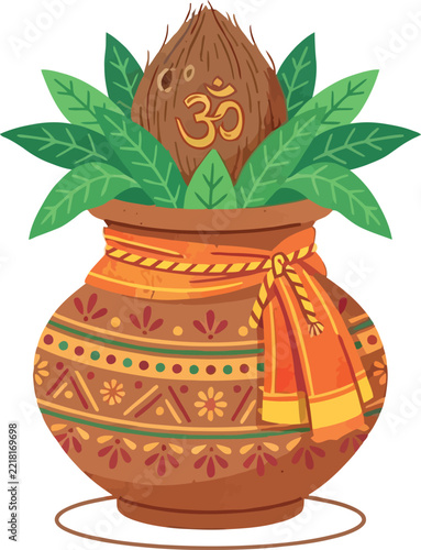 Sacred Kalash pot holding a coconut and vibrant mango leaves, beautifully decorated with a traditional fabric tie and Om symbol