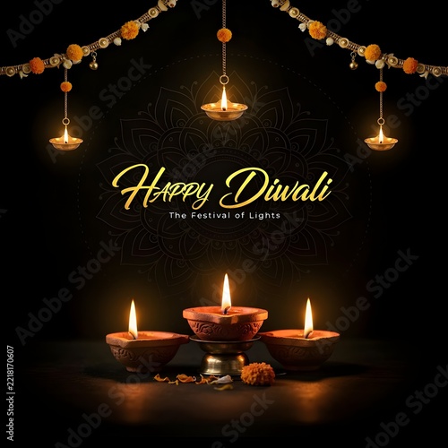 Happy Diwali festival greeting card with glowing oil lamps and