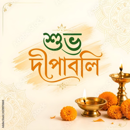 Diwali festival greeting card with brass lamps and marigold flowers