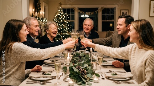 Happy New Year family toast with crystal flutes at dinner
