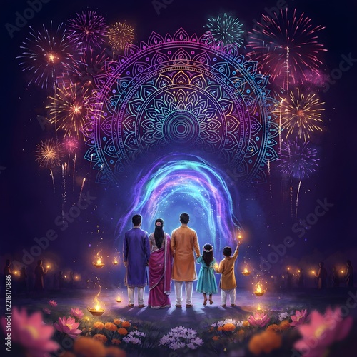 Family celebrating Diwali festival under colorful mandap with