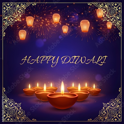 Happy Diwali greeting card with glowing diyas and floating lanterns