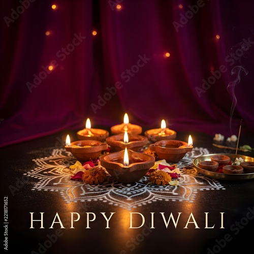 Happy Diwali celebration with lit diyas oil lamps and rangoli