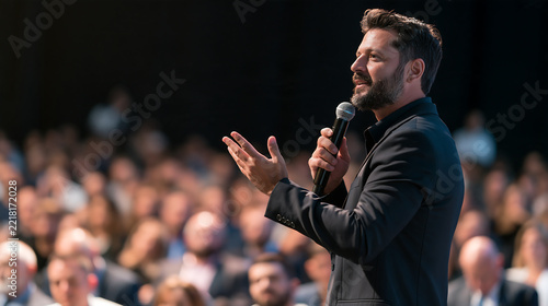 male speaker in a dark shirt gesturing while addressing a large audience at a conference business seminar public speaking and corporate event concept in natural light