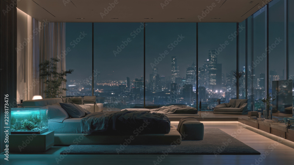 Fototapeta premium Luxury modern penthouse apartment bedroom interior at night featuring panoramic floor to ceiling city skyline view illumination sleek minimalist furniture aquarium lighting ambient home architecture