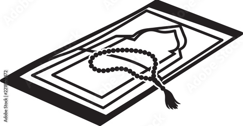 Black and white illustration of a prayer mat with prayer beads