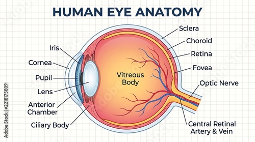 Human eye anatomy cross section medical diagram, detailed eyeball structure poster, educational scientific vision infographic