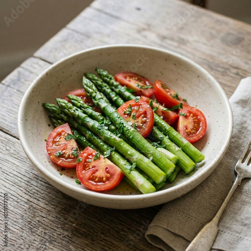 Fresh Asparagus and Cherry Tomatoes Salad with Herbs Healthy Gourmet Food on Rustic Wooden Table