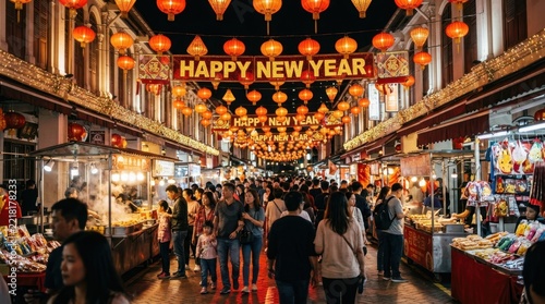 Happy New Year outdoor street market lanterns at night