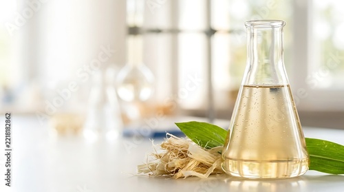 Glass erlenmeyer flask with herbal extract liquid and plant roots for