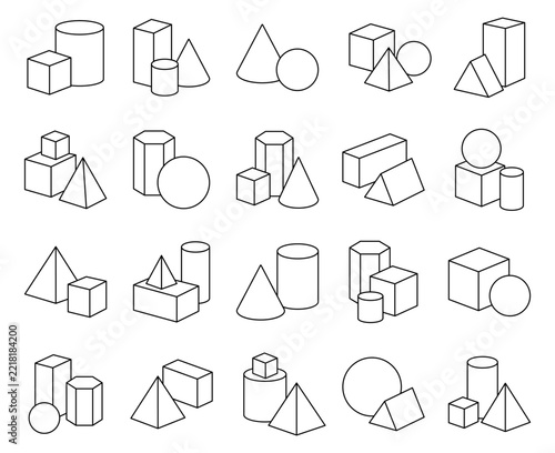 Geometry figure set featuring cube cuboid cylinder cone sphere pyramid prism hexagon shapes edges faces vertices bases surfaces volumes mathematics