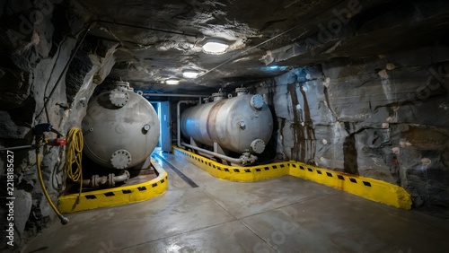 Industrial underground mine tunnel with large storage tanks and safety barriers