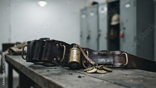 Vintage Leather Belt with Metal Buckle and Coins on Rustic Wooden Surface