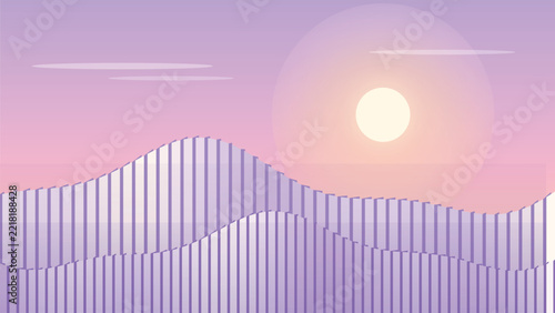 Abstract Geometric Wave Landscape at Calm Dusk Horizon with Serene Setting Sun Illustration