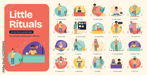Illustrative Set of Diverse Characters Practicing Everyday Little Rituals and Self-Care.