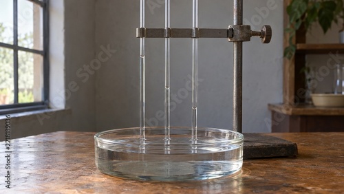 three glass tubes hang from a metal clamp, positioned above a clear glass petri dish containing liquid, set on a brown wooden table