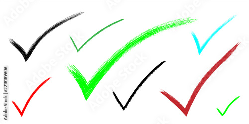 Collection of colorful hand drawn check marks with a textured brush stroke effect on white background