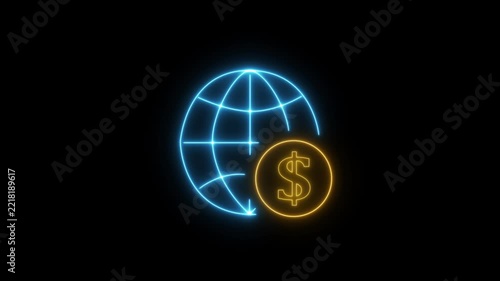 Neon Globe with Dollar Coin Global Economy Animation. Animated neon line icon of a planet globe with a dollar coin symbol on dark background.