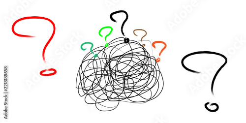 Conceptual illustration of a chaotic tangled mess of thoughts represented by colorful question marks on white background