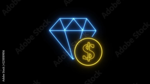 Neon Diamond with Dollar Coin Wealth Animation. Glowing neon line animation of a shiny diamond gemstone with a dollar coin on dark background.