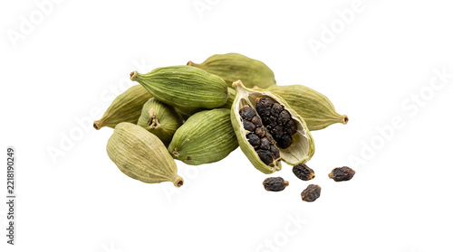 Green cardamom pods isolated on transparent background