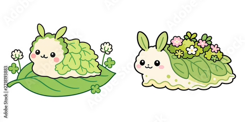 Green bunny rabbit leaf flower garden illustration Green bunny rabbit resting leaf beside flower covered rabbit with cheerful and gentle