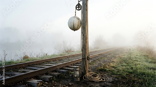 Atmospheric mist covers rural railroad tracks with ball signal and lantern by misty river.