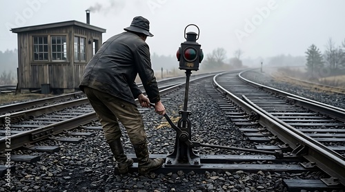 Railway worker operating manual ground lever for track switching in misty morning weather.
