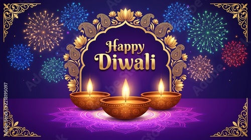 Happy Diwali greeting card design with glowing oil lamps, golden mandala frame, and colorful fireworks on a purple background