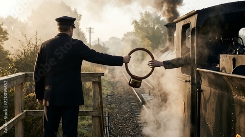 Station master handing off wooden token hoop to steam engine driver at rural railway track.