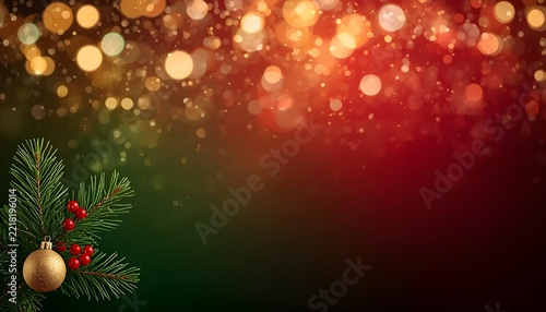 Luxury Christmas background with soft glowing golden bokeh lights on a deep dark green and burgundy gradient, a single pine branch with a few red berries and one gold bauble in the bottom left corner,