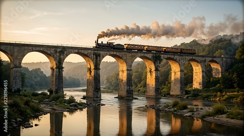 Steam train travels across stone bridge arch viaduct at sunset scenic rural railway view.