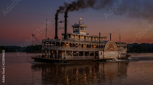 Authentic paddle steamer river boat moving along tranquil water during twilight sunset.