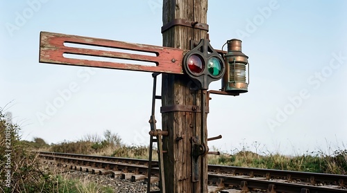 Antique railway semaphore signal post with red and green lenses against blue morning sky.
