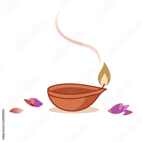 Original name(s): Traditional burning Diya oil lamp with flower petals for Diwali festival celebration vector illustration.