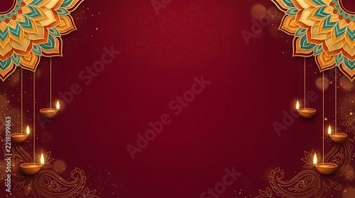 Elegant red diwali background with hanging oil lamps and traditional