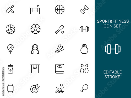 Sport and Fitness Outline Icon– Exercise, Gym, Training, and Healthy Lifestyle editable stroke vector set