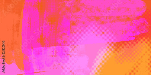 Vibrant horizontal risograph background in hot pink and fiery orange brush strokes, expressive neon halftone screen print texture with dynamic layered paint roller sweeps in retro pop design. Vector