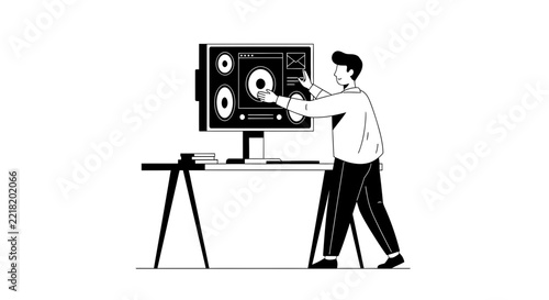 Man Producing Music at Home Studio Workstation, Flat Vector Illustration of Sound Engineer Working on Digital Interface